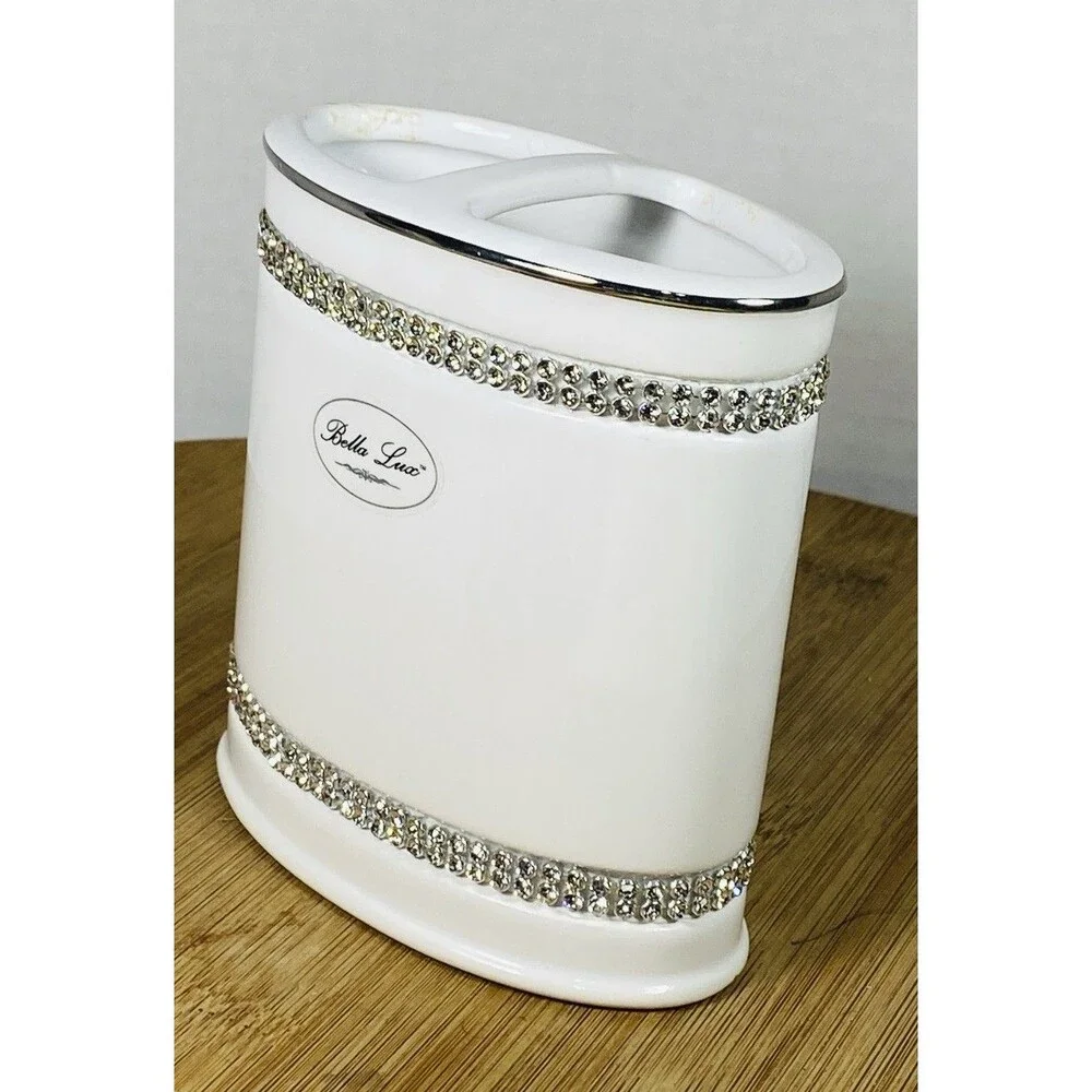 Bella Lux White Ceramic Toothbrush Holder, Silver Rhinestone Bands, Glossy Glam